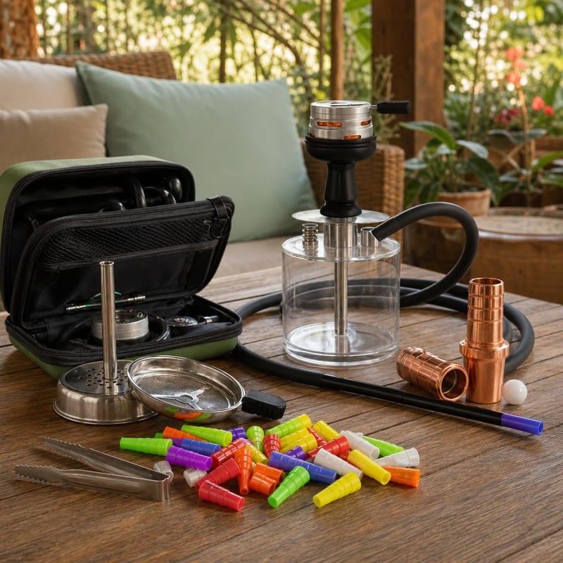 Shisha párty set: mini vodná fajka + taška + 100x náustok + kliešte + 2x adaptér na hadicu