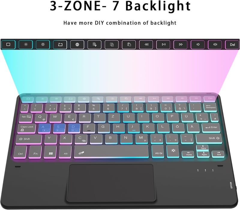 ROOFEI Samsung Galaxy Tab A9 Plus Tok QWERTZ Billentyűzettel - 7 Színű RGB Háttérvilágítás, Bluetooth, Levehető Billentyűzet Trackpaddal, 11