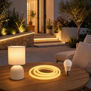 Set za ugođaj: 1x E27 LED žarulja + 2m LED traka + tekstilna stolna lampa