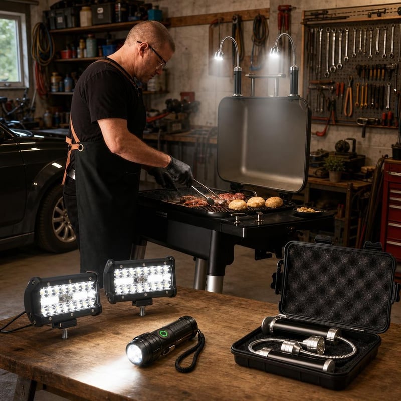 Sada dielenského osvetlenia: 2x magnetické svetlo na gril + 2x LED pracovné svetlo + nabíjacia baterka
