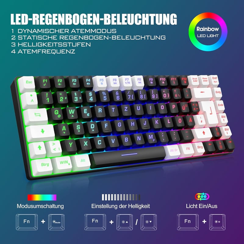 RedThunder 75% Vezeték Nélküli Gamer Billentyűzet és Egér Szett, DE TKL Elrendezés, Újratölthető, Ultrakönnyű 7200DPI Méhsejt Egér, PC/Mac/P