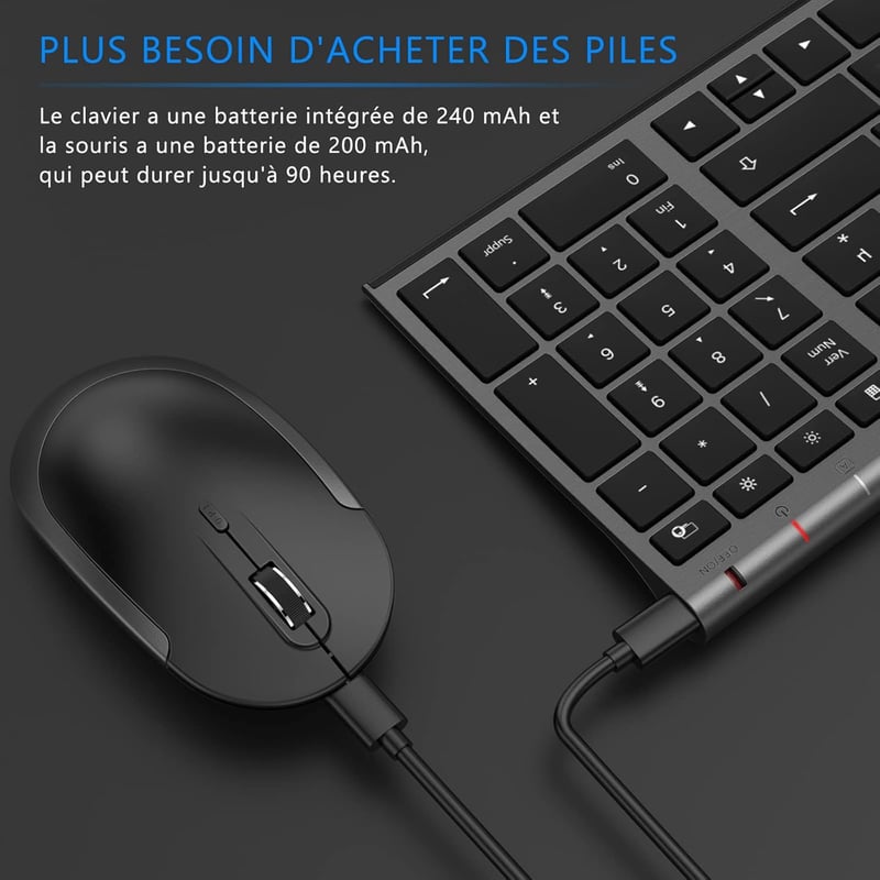 Vezeték nélküli AZERTY billentyűzet és egér szett Windows-hoz, USB vevővel, újratölthető