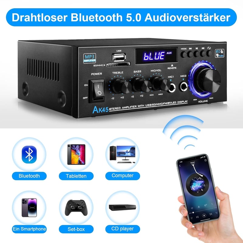 KKMOL AK45 Mini Bluetooth Sztereó Erősítő 400W, USB/SD, Távirányítóval