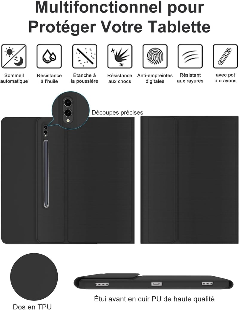 FOGARI Bluetooth Billentyűzet Samsung Galaxy Tab S9 Plus/S8 Plus/S7 FE/S7 Plus Tablethez - Fekete AZERTY Mágneses Védőtok 12,4" Készülékekhe