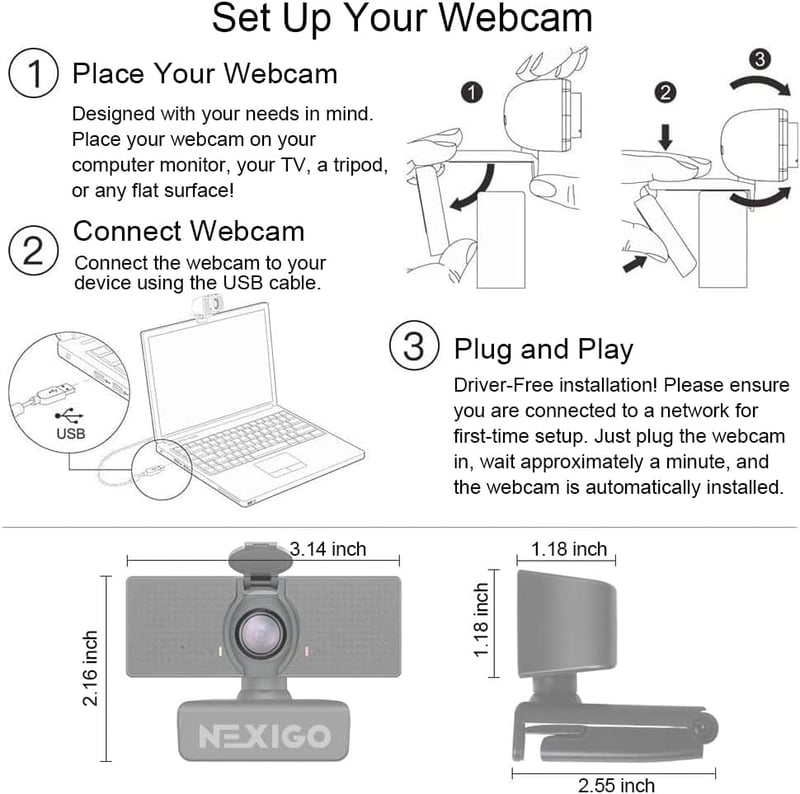 NexiGo N60 1080P HD webkamera mikrofonnal, 110° látószöggel, Zoom/Skype kompatibilis