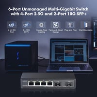 YuLinca 4 portos 2.5G hálózati switch 10G SFP-vel, ventilátor nélküli fém asztali Ethernet switch 2