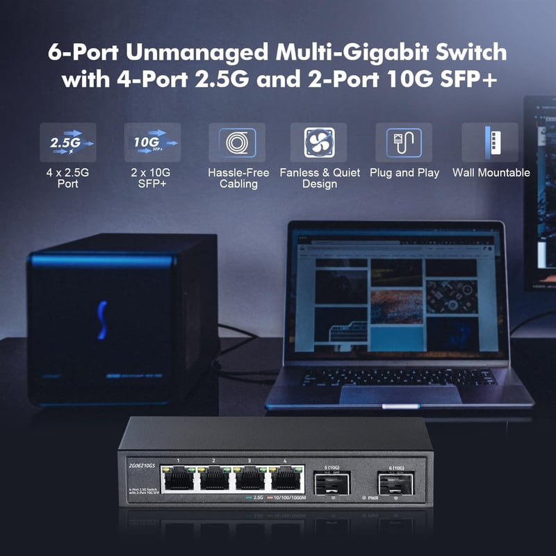 YuLinca 4 portos 2.5G hálózati switch 10G SFP-vel, ventilátor nélküli fém asztali Ethernet switch