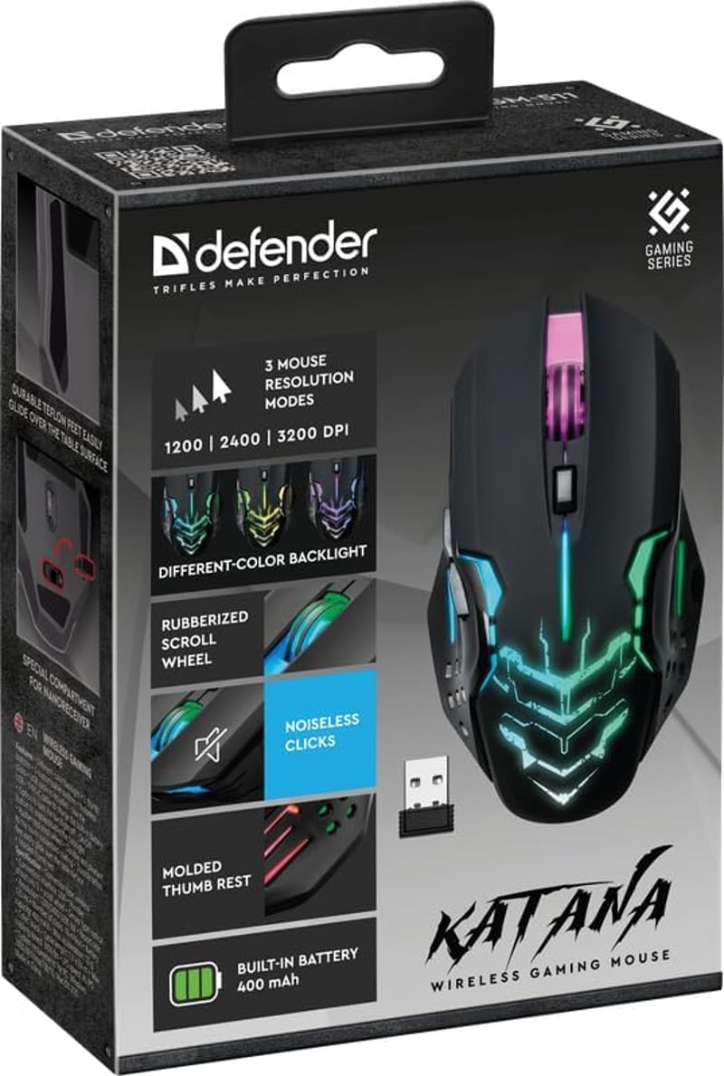 Defender Katana vezeték nélküli RGB gamer egér, csendes kattintás, 240 órás akkumulátor