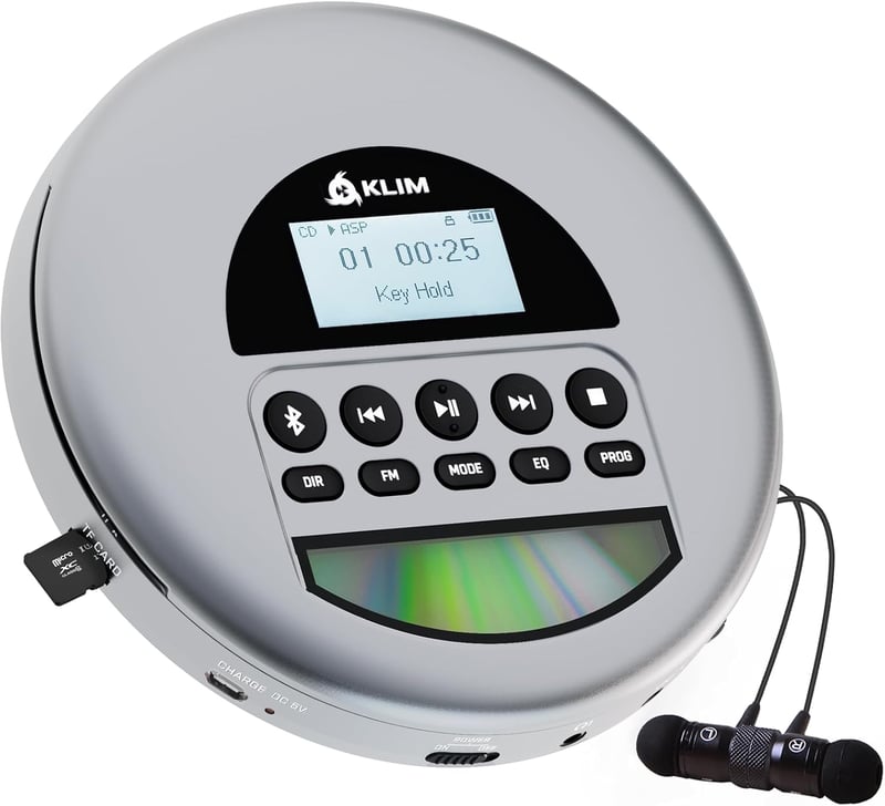 KLIM Nomad Hordozható CD Lejátszó Bluetooth - Hosszú Üzemidejű Discman Fülhallgatóval, CD-R/RW, MP3, TF Kártyaolvasó, FM Rádió - Autóba Ideá