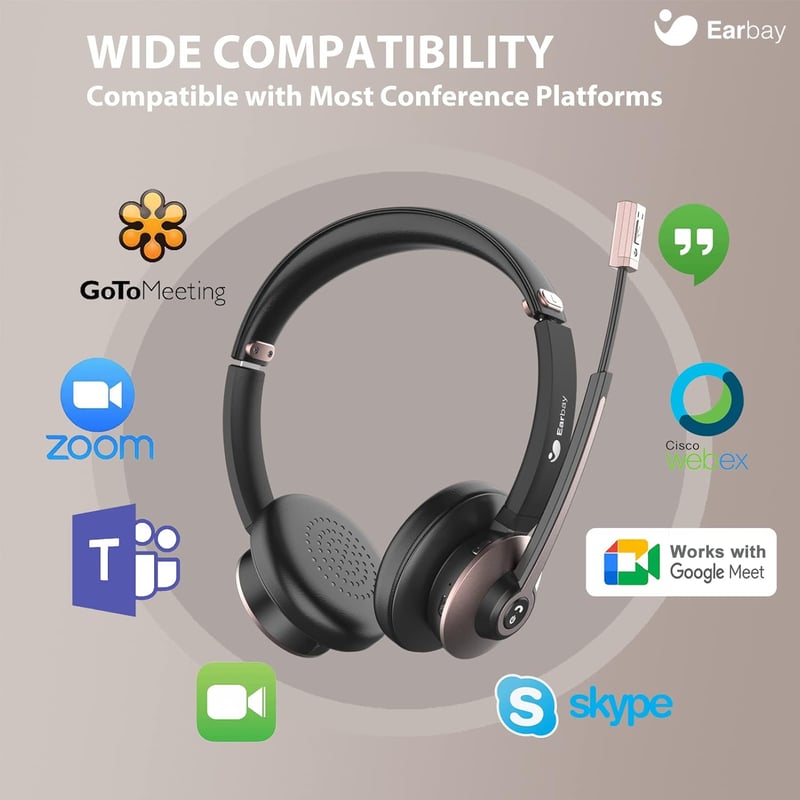 Earbay Bluetooth Headset Mikrofonnal - Zajszűrős, USB-s Vezeték Nélküli Fejhallgató PC-hez, Rózsaarany
