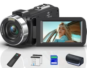 Cameră video 8K 64MP cu zoom digital 18X, ecran rabatabil de 3,0 inchi, card SD, telecomandă 2,4G și 2 baterii, pentru vlogging pe YouTube - Negru