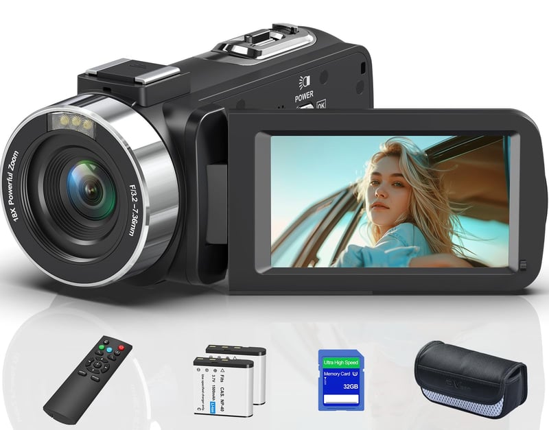 Cameră video 8K 64MP cu zoom digital 18X, ecran rabatabil de 3,0 inchi, card SD, telecomandă 2,4G și 2 baterii, pentru vlogging pe YouTube - Negru