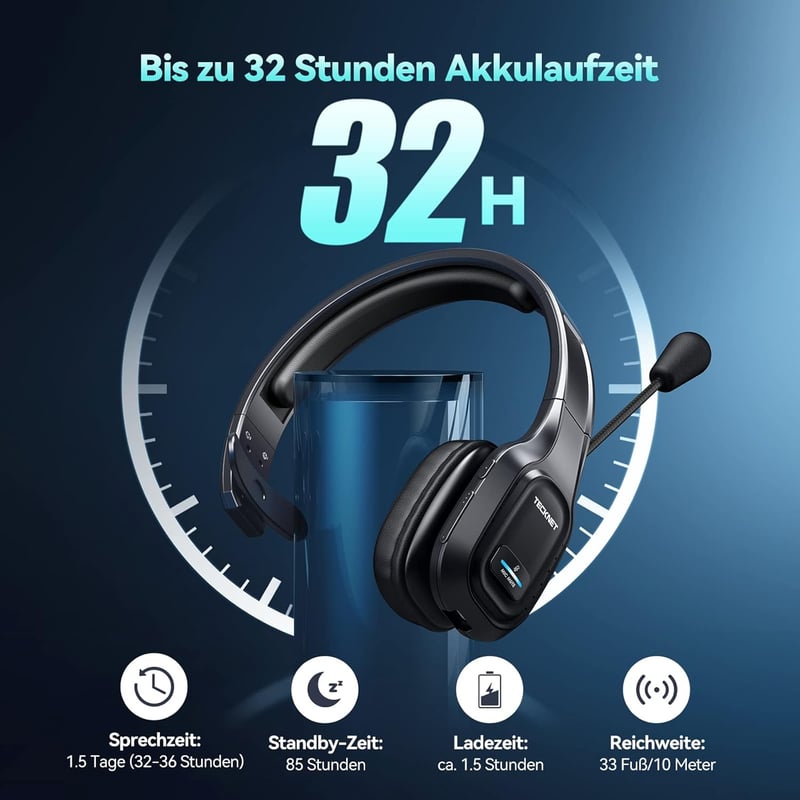 TeckNet Bluetooth fejhallgató mikrofonnal, zajszűrős, töltőállomásos, Skype-kompatibilis