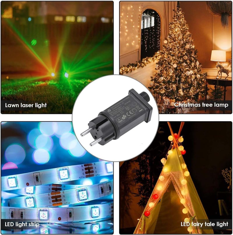 Sunshine smile EU Adapter - 12V IP44 Vízálló Transzformátor LED Fényfüzérekhez, Kültéri-Beltéri Használatra, Fekete