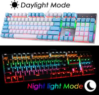 Rózsaszín mechanikus gamer billentyűzet, RGB háttérvilágítással, kék kapcsolókkal, 104 gombos 3