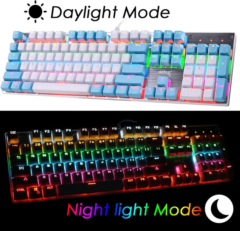Rózsaszín mechanikus gamer billentyűzet, RGB háttérvilágítással, kék kapcsolókkal, 104 gombos