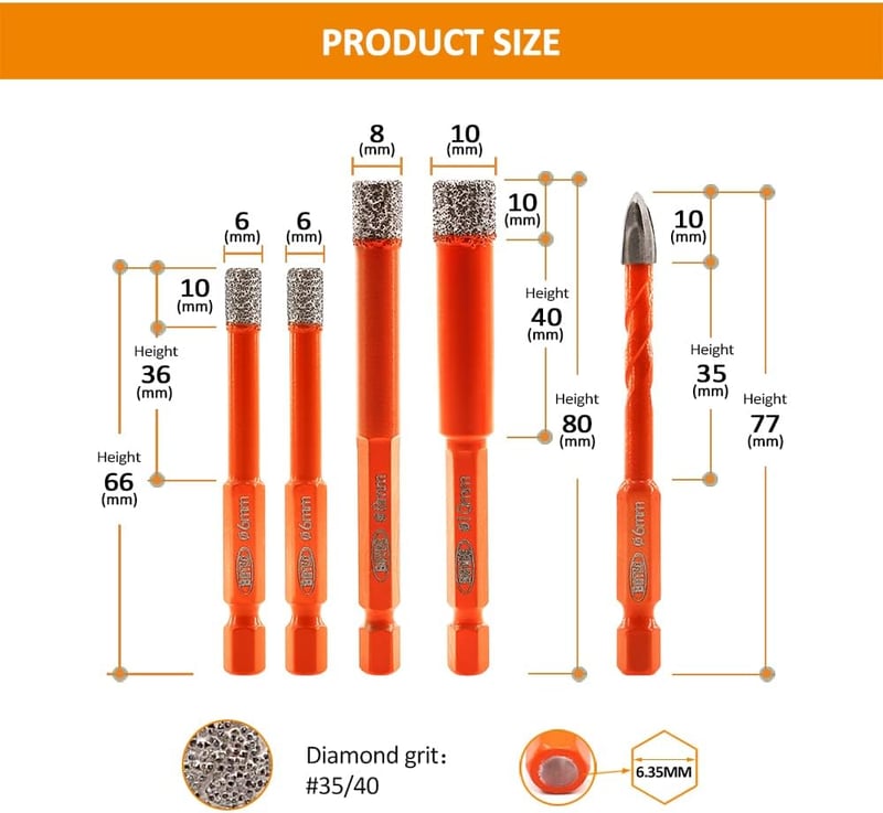 BGTEC gyémánt és keményfém fúrószár készlet gránithoz, márványhoz, 6-10mm, gyorscsatlakozós