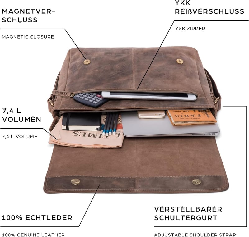 LEABAGS Vintage Bőr Férfi Válltáska 15"-os Laptophoz - Szürkésbarna