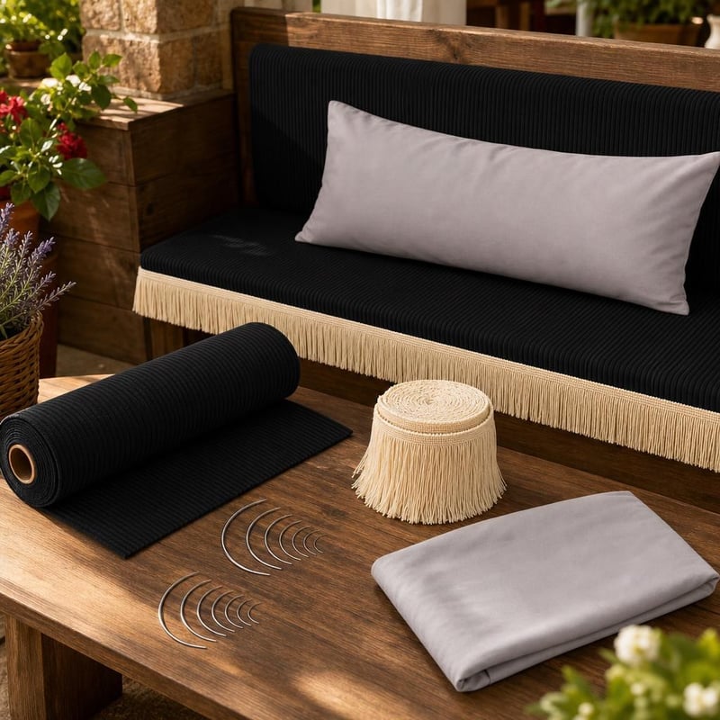 Set za tapeciranje: kord tkanina 140 cm + 12 igala + 10 m resa + jastučnica 40×80 cm