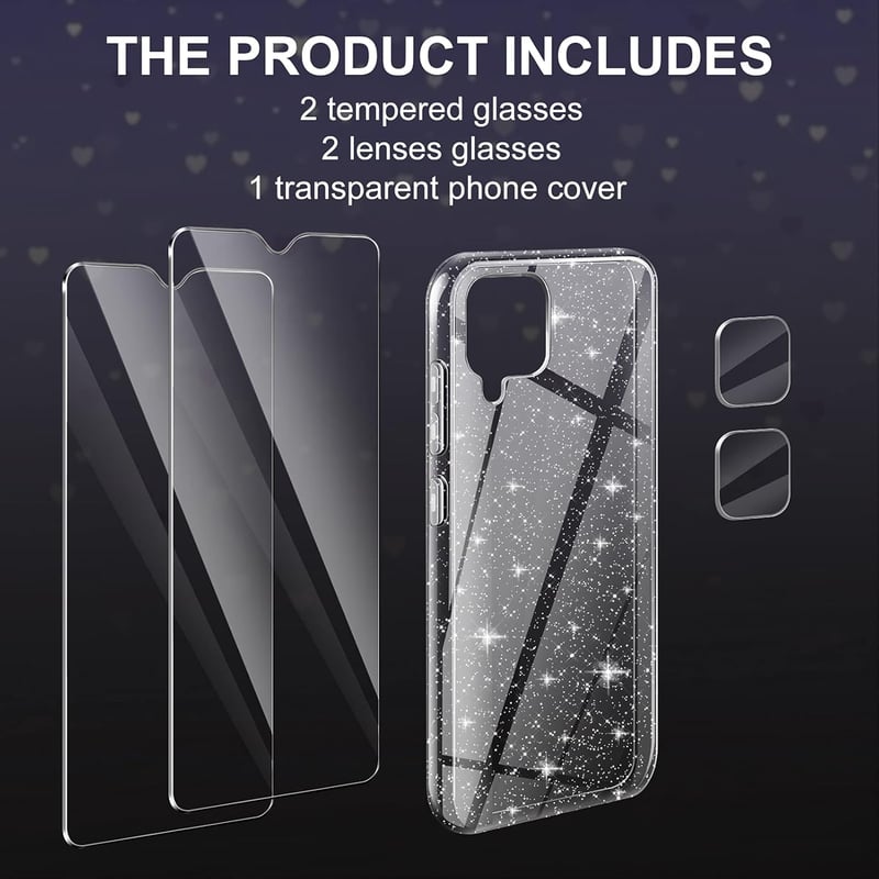 Samsung Galaxy M32 Átlátszó Csillámos Tok Kameravédővel