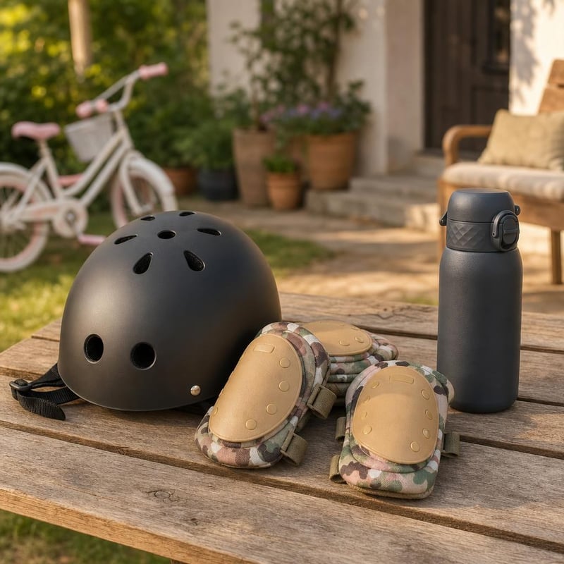 Bezpečný štart na bicykli: detská prilba + chrániče + 400 ml fľaša