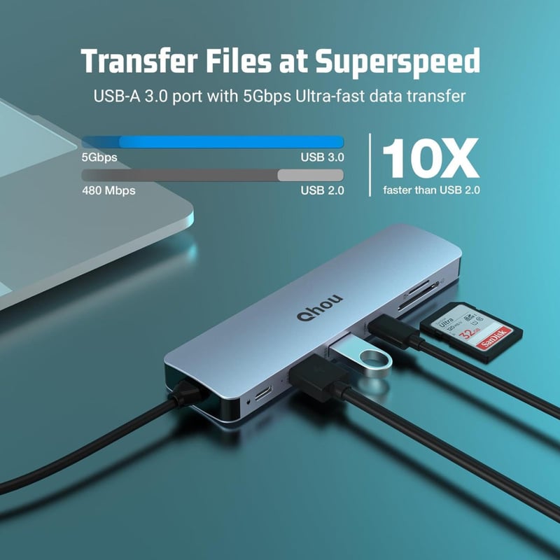 Hub Type-C 7 în 1 Qhou: HDMI 4K, USB 3.0, Cititor de Carduri, PD 100W