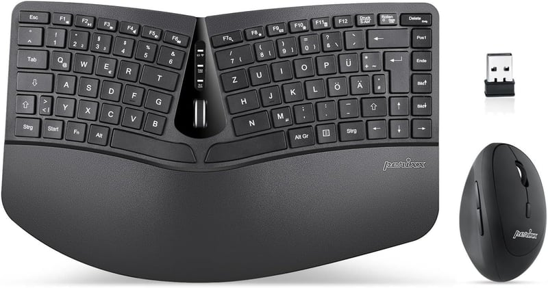 Perixx Periduo-606 Ergonomikus Vezeték Nélküli Billentyűzet QWERTZ és Vertikális Egér Szett - Osztott Billentyűzet, 4-Irányú Görgő, Állítható Csukl