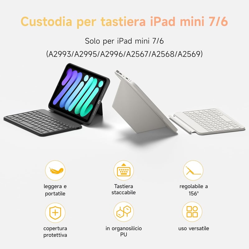 HOU Bluetooth Billentyűzetes Tok iPad Mini 6 (2021) 8.3" Tablethez - 150° Mágnesesen Levehető, Ütésálló Védőtok USB-C Töltéssel, Fekete