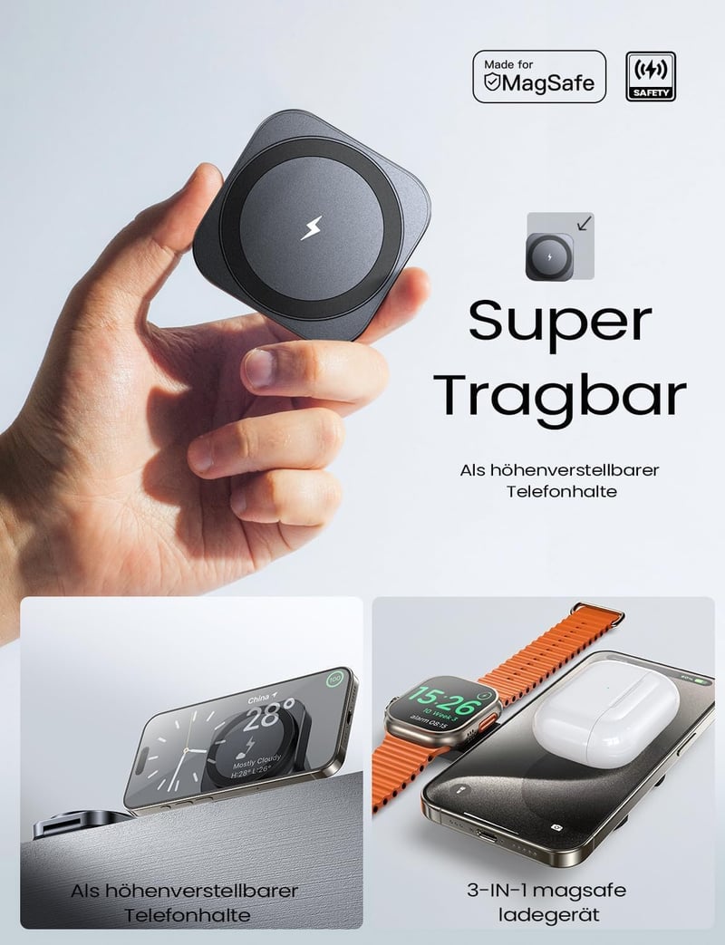 LISEN MagSafe indukciós töltőállomás iPhone, Apple Watch és AirPods készülékekhez - hordozható, utazáshoz