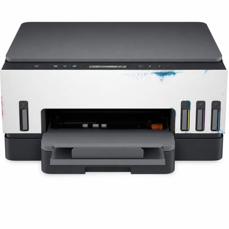 Imprimantă multifuncțională HP Smart Tank 7005 cu rezervor de cerneală — defectă, pentru piese: cap de imprimare blocat, cerneală scursă (stare: vezi a 2-a imagine)