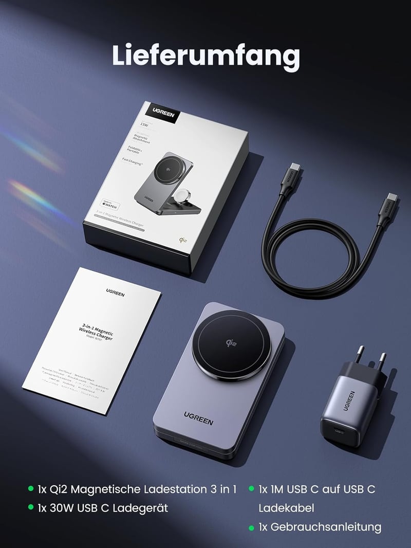 UGREEN MagFlow Qi2 15W 3-in-1 Vezeték Nélküli Töltőállomás iPhone 16/15/14/13/12, AirPods és Apple Watch Készülékekhez, Összecsukható Mágnes
