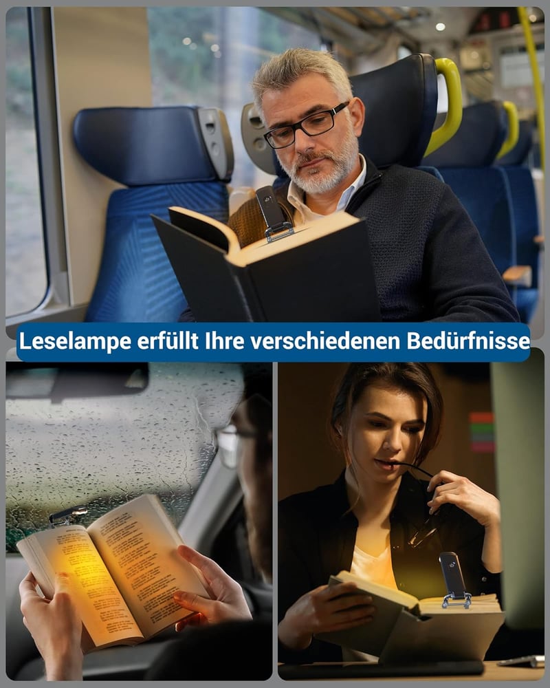 DEWENWILS Újratölthető Olvasólámpa Könyvcsipesszel - Borostyán Fény Kék Fény Szűrővel, 4 Fényerősség, USB Tölthető, Könnyű Hordozható Könyvj