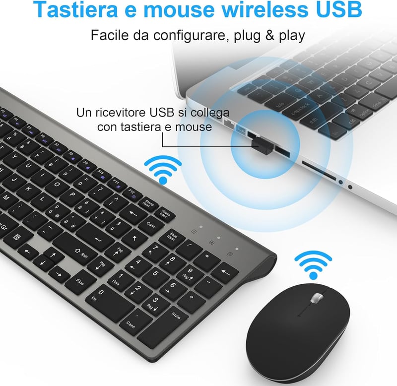 Olasz QWERTY USB billentyűzet és egér szett - GALENMORO vezeték nélküli, ergonomikus, csendes, Windows kompatibilis