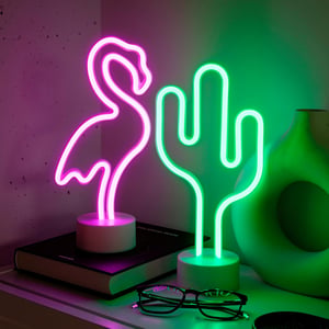 Set NELUX Decoratiuni Neon LED de Perete Cactus și Flamingo - Funcționare USB/Pe Baterii, Decor Cameră, Cameră Gamer, Iluminat Bar, 2 buc