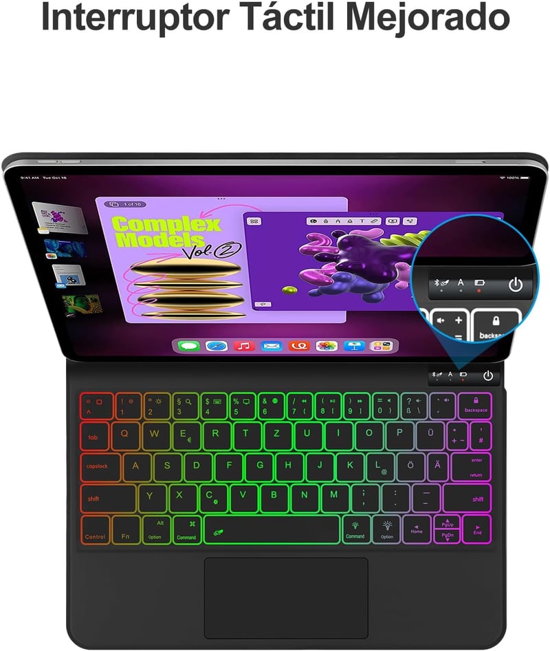 FOGARI Bluetooth Billentyűzet iPad Air 11/5/4 és Pro 11 Modellekhez - QWERTZ Touchpad, 7 Színű Háttérvilágítás, Fekete
