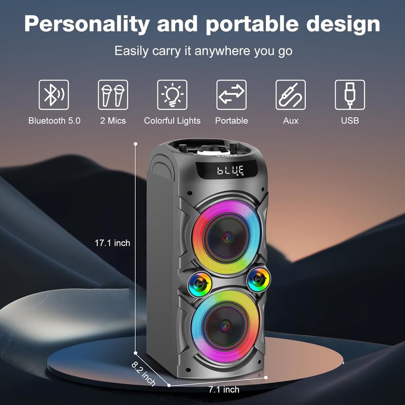 LANMEMG Karaoke Rendszer 2 Vezeték Nélküli Mikrofonnal - 100W Hordozható Bluetooth Hangszóró LED Fényekkel, Távirányítóval, USB/TF Kártya Tá