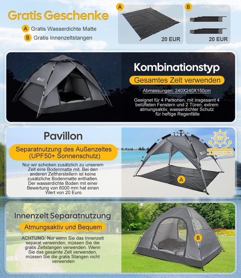 DEWUR 3-4 személyes vízálló pop-up sátor UV védelemmel kempinghez - Dark grey/4 people