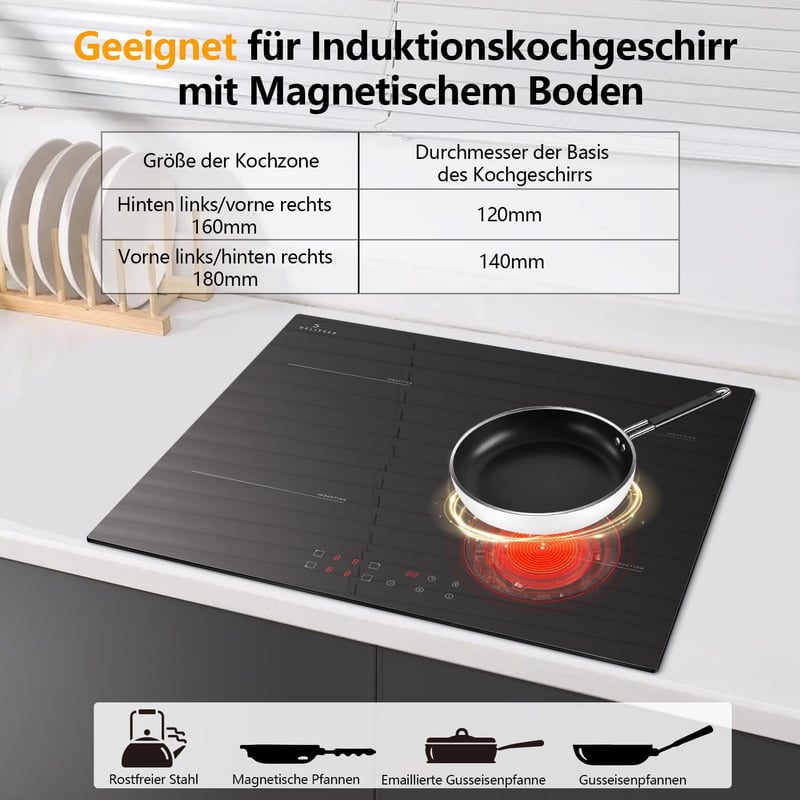 DELITEER Beépíthető Indukciós Főzőlap 4 Zónával - 3500W, 59cm, Dugóval, Biztonsági Zárral, Digitális Kijelzővel, Üvegkerámia Felülettel