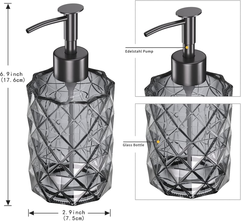 goldenwarm Matt Fekete Üveg Szappanadagoló 330ml - Rozsdamentes Acél Pumpafejjel Konyhai és Fürdőszobai Használatra - Folyékony Szappan, Sam