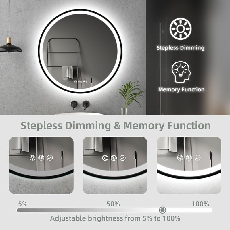 STARLEAD Kerek Fürdőszobai Tükör 80 cm, LED Világítással, Bluetooth Hangszóróval, Fényerőszabályzós, 3 Színhőmérséklet, Páramentesítő, Feket