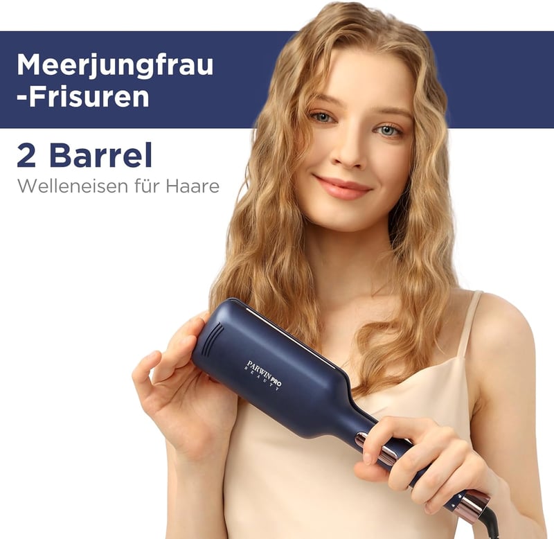 PARWIN PRO BEAUTY 32 mm-es Hableány Hajgöndörítő Vas - 4 Hőfokozatú Dupla Csöves Hullámosító Minden Hajtípushoz, Azúrkék
