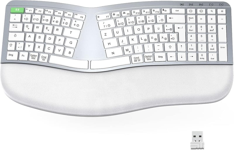 Seenda ergonomikus vezeték nélküli billentyűzet, USB-s, tenyértámasszal, Mac és Windows kompatibilis, német kiosztás, fehér-ezüst