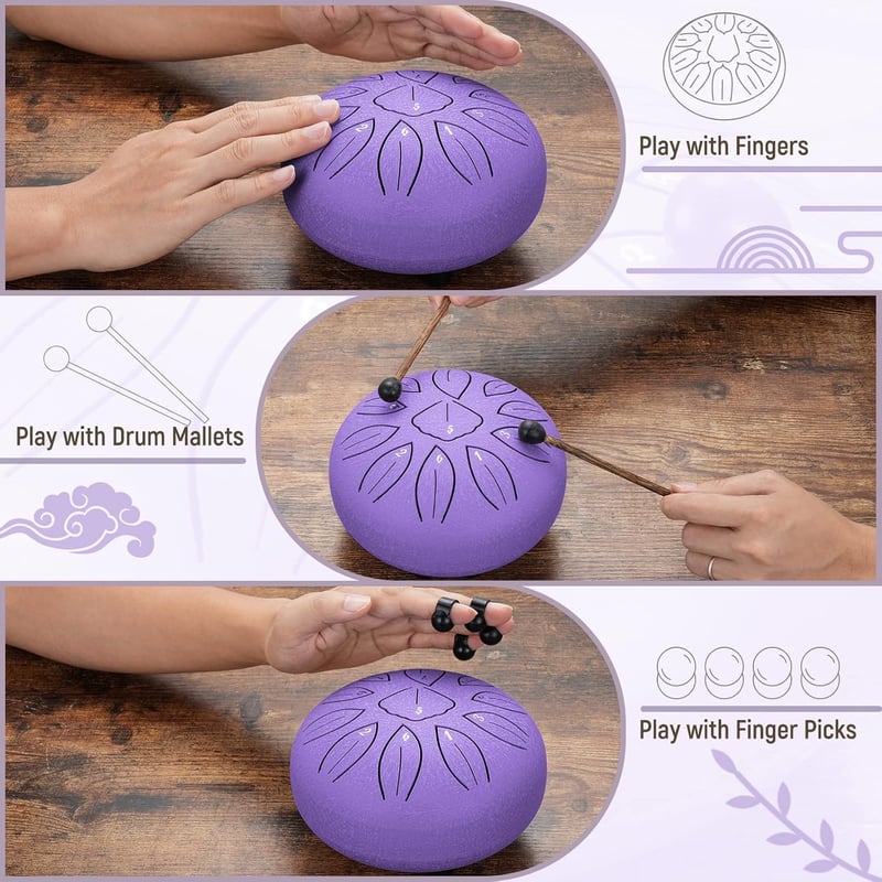 LEKATO Acél Nyelv Dob 15,2 cm 11 Hangú C Hangolású Ütőhangszer Meditációhoz és Jógához - Levendula Színű Kézidob Kezdőknek