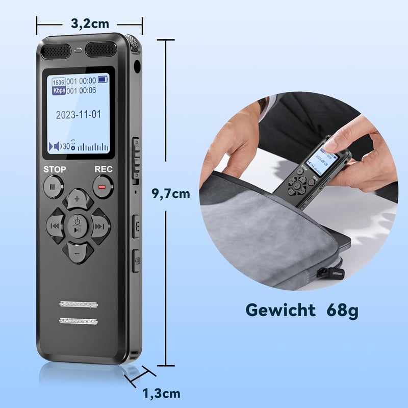 Tonnlog 128GB Digitális Diktafon Hangrögzítő USB-C Csatlakozással - Zajcsökkentés, Egyérintéses Felvétel, 1536kbps, Előadásokhoz, Megbeszélé