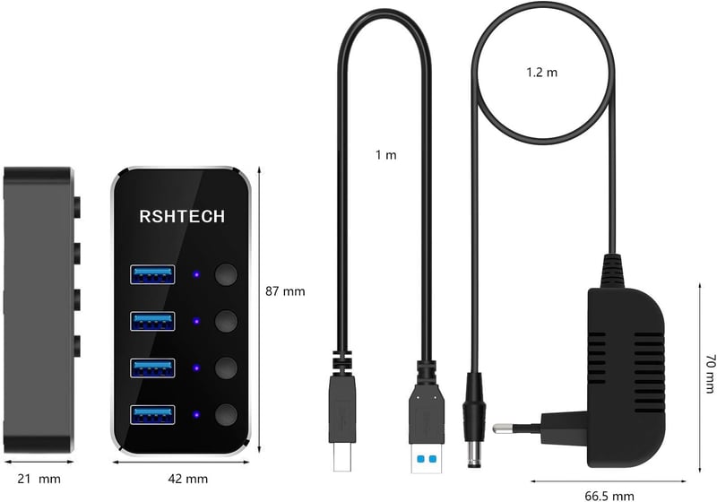 RSHTECH USB 3.0 Hub 4 portos, kapcsolókkal és tápegységgel