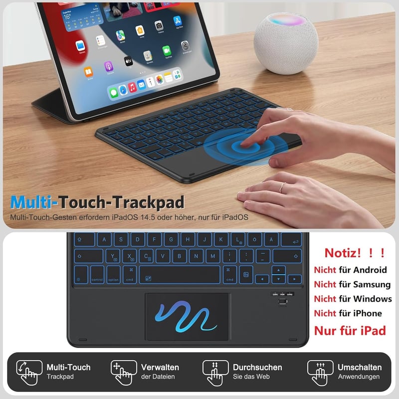 Emetok 7 színű háttérvilágítású német QWERTZ Bluetooth billentyűzet trackpaddal iPad-hez