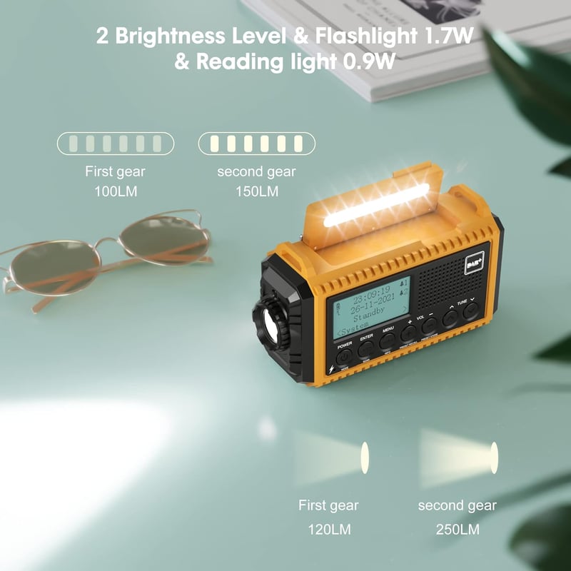 DAB+ Napelemes Kurblis Rádió LED Lámpával, 5000mAh Akkuval - Sárga, Kempinghez