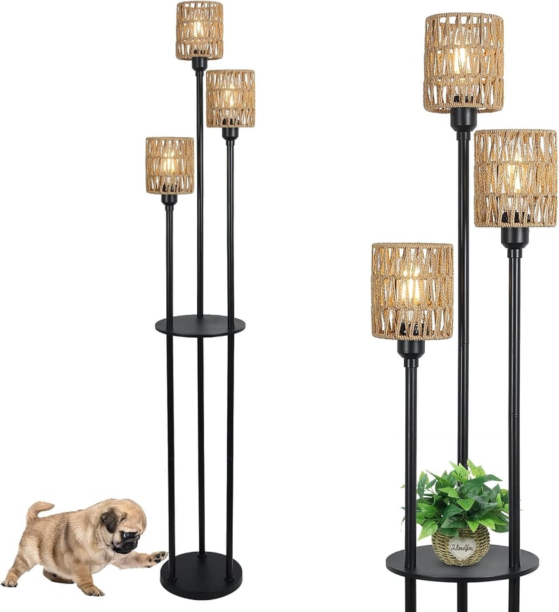 Rayofly Rattan Állólámpa Polccal - Boho Vintage Fekete Fém Talp, 3 Izzós Természetes Barna Lámpaernyő, Lábkapcsoló, 168 cm, Nappali, Hálószo