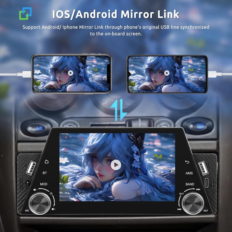 Vezeték nélküli Carplay autórádió 1 DIN Android tükrözéssel, 5" kijelzővel, Bluetooth kihangosítóval, FM rádióval, tolatókamerával 