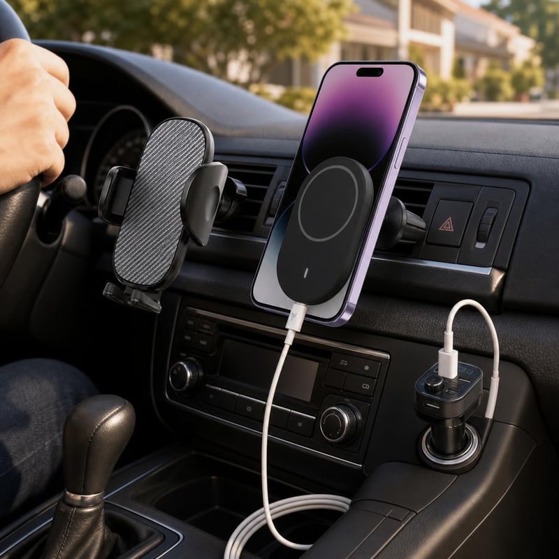 Autový balík pre dochádzanie: 360° držiak + MagSafe nabíjačka + 2m Lightning kábel + Bluetooth FM vysielač